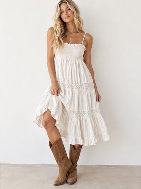 Denim & Supply Ralph Lauren Cream Smocked Lace-Tier Midi Dress fairy boho